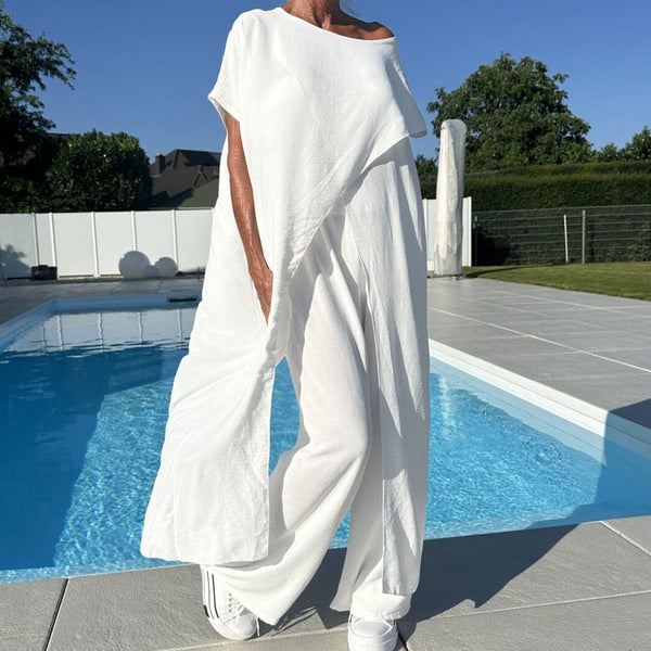 Solid Color Off-Shoulder Top & Pants Set